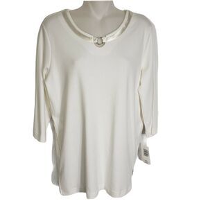BonWorth Womens Top Size XS 3/4 Sleeve Ivory Knit Round Neck Satin Detail